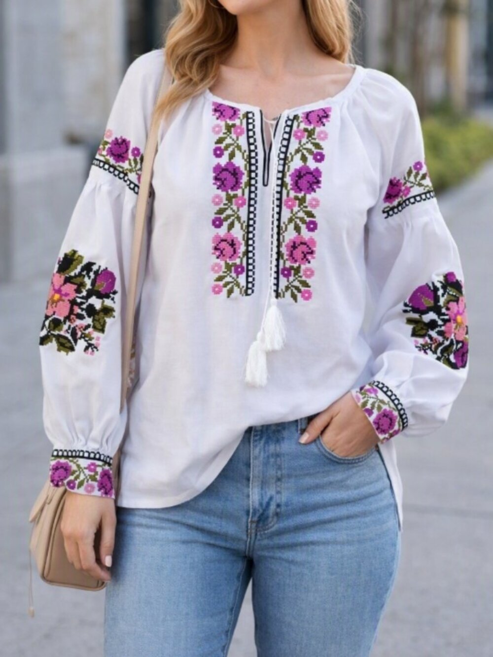 Artisan White Floral Embroidered Peasant Top Blouse L Boho Folk Cottagecore